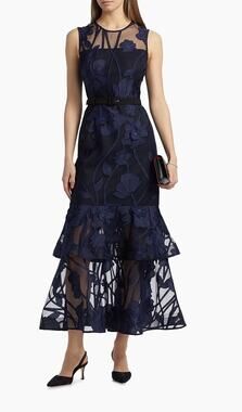NWT Milly Navy Isabella Embroidered Mermaid Midi Dress Size 8 Wedding Guest